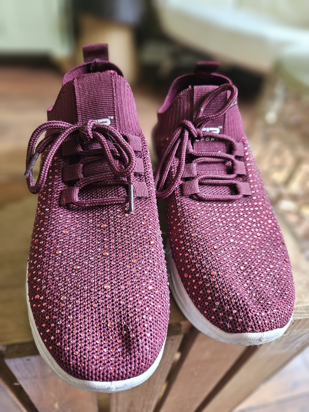 Women's Maroon Knit Rhinestone Sneakers by